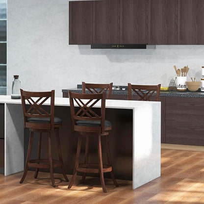 COSTWAY Bar Stool Set of 4 for Kitchen Island, Swivel Upholstered Bar Height Barstools with PU Surface, Rubber Wood Frame, 360° Rotatable Seat, Curved Back, Sturdy Footrest (4, 29" Seat Height)