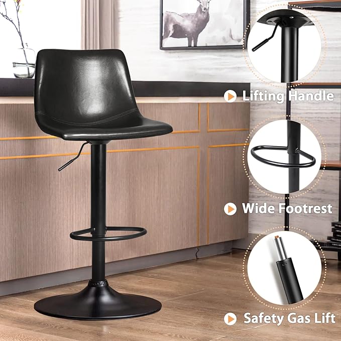 Lemebri Bar Stools Set of 4, Modern Adjustable Swivel Barstools Counter Height with Backrest, Faux Leather Upholstered Bar Chair for Kitchen Island, Whisky, Black