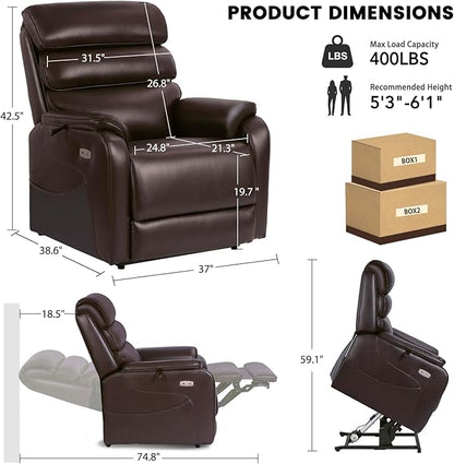 EONIX Wide Lay Flat Power Lift Recliner Chair for Elderly, Oversized Breathable Leather Electric Lift Chairs, 400lbs Heavy Duty Power Recliner with Heat and Massage, SLRY004063, Dark Brown