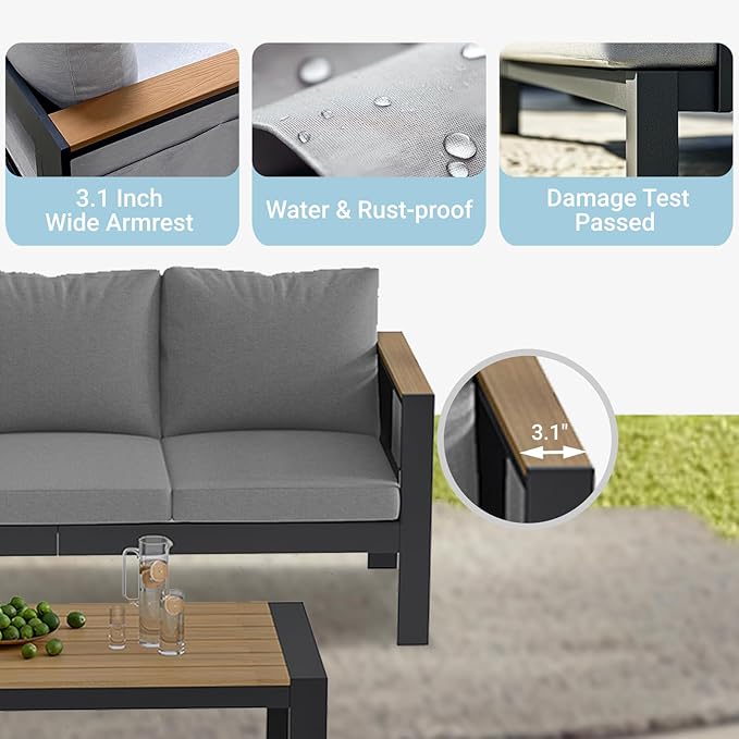 Corinth 5-Piece Aluminum Patio Conversation Set - Outdoor, Porch, Balcony, Yard, Gardern, All Weather Furniture Set with 3 Seater Sofa, Grey