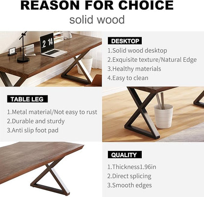 Solid Wood Rustic Style 55.1-inch Computer Desk - Large Office Desk for Home Office, Modern and Simple Design, Ideal for Dining,Study, Writing