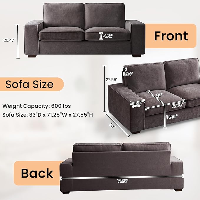 RISAR 71.25" Modern Loveseat Sofa for Living Room, Chenille Couch with Removable Cover & Spring Cushions, Solid Wood Frame, Easy Assembly for Small Spaces (Dark Gray)