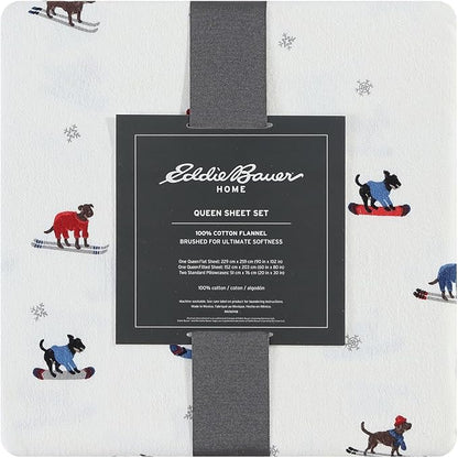 Eddie Bauer - Flannel Sheets Queen Size, Anti-Pilling & Wrinkle Resistant Cotton, Touchably Soft for All-Season Comfort - Bed Sheets with Matching Pillowcases & Fitted Sheet (Ski Patrol White)