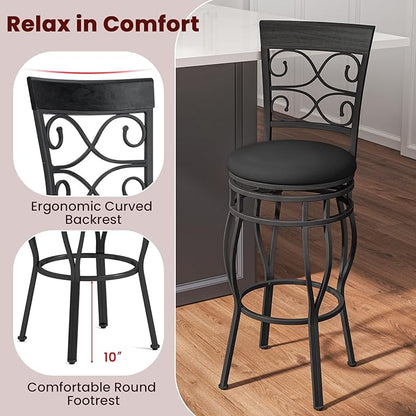 Giantex 30" Swivel Bar Stools Set of 2, Bar Height Bar Stools with Back, Upholstered PU Leather Seat, Footrest, Max Load 330Lbs, Vintage Metal Barstools for Kitchen Island, Dining Room, Pub, Black