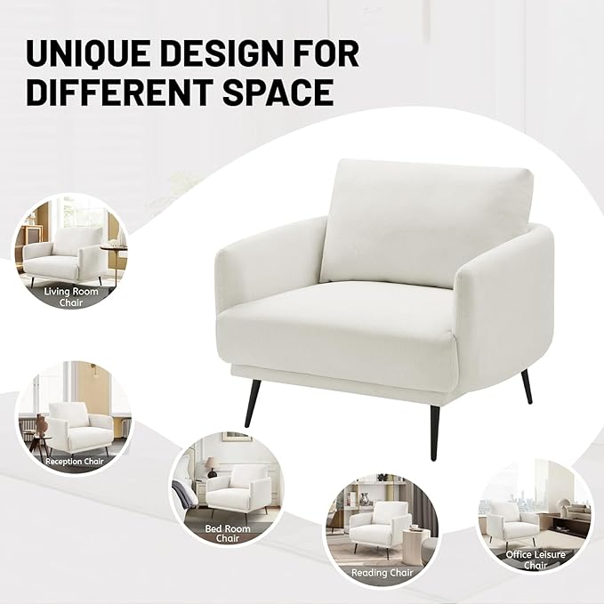 Oversized Accent Chair for Living Room Chairs Reading Arm Chair Comfy Modern Single Sofa Side Chairs with Metal Legs & Soft Cushion for Bedroom, Waiting Room (Polyster Pearl White, Set of 1)