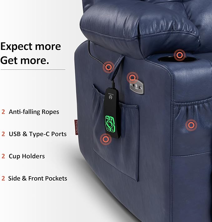 MCombo Dual Motor Large Power Lift Recliner Chair for Elderly, Lay Flat Lift Chair with Heat and Massage, Big Lift Recliner for Tall People, Faux Leather 7896 (Blue, Large)