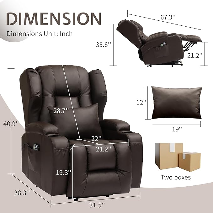 URRED Power Lift Recliner Chair for Elderly, Electric Massage Recliner with Heat, Infinite Position Adjustment, Faux Leather Lift Chair with Cup Holders, Side Pockets & USB Port – Brown