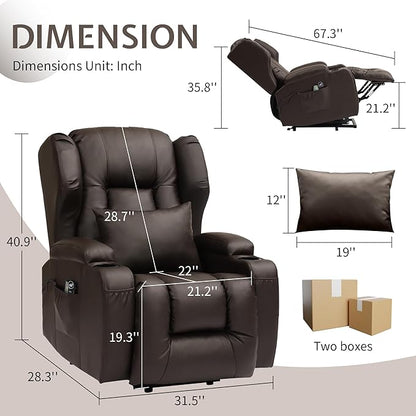 URRED Power Lift Recliner Chair for Elderly, Electric Massage Recliner with Heat, Infinite Position Adjustment, Faux Leather Lift Chair with Cup Holders, Side Pockets & USB Port – Brown