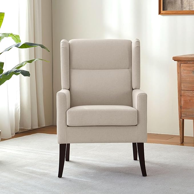 High Back Living Room Chairs, Fabric Accent Chair, Comfy Upholstered Armchair with Wooden Legs for Living Room, Bedroom, Apartment (1, Beige)