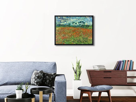Wieco Art Framed Art Poppy Field June 1890 Canvas Print of Vincent Van Gogh Oil Paintings Reproduction Abstract Wall Art for Home Decorations Black Frame