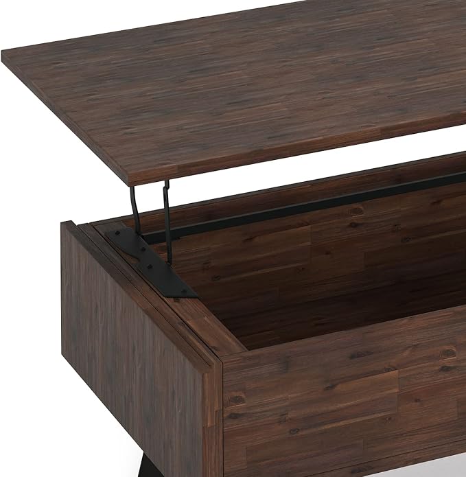SIMPLIHOME Lowry Lift Top Coffee Table - 48 inch Wide Solid Acacia Wood and Metal Living Room Table in Distressed Charcoal Brown, Modern Industrial Cocktail Table with Hidden Storage and Open Shelf