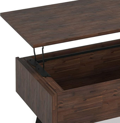 SIMPLIHOME Lowry Lift Top Coffee Table - 48 inch Wide Solid Acacia Wood and Metal Living Room Table in Distressed Charcoal Brown, Modern Industrial Cocktail Table with Hidden Storage and Open Shelf