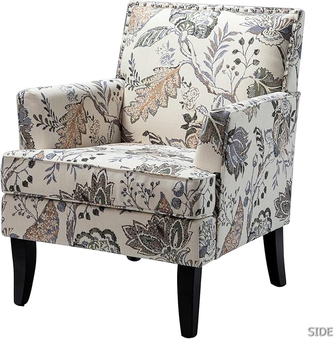 HULALA HOME Modern Accent Chair with Arms and Wooden Legs, Floral Patterned Accent Chair Armchair High Back Rest, Padded Armrest and Comfortable Cushioned Seat for Living Room (Orange Grey Floral)