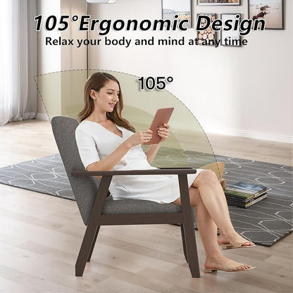 Modern Accent Chair with Wooden Table, Upholstered Linen Fabric Leisure Side Chair with Arm Rest and Wooden Frame for Living Room, Bedroom Reading (Gray)