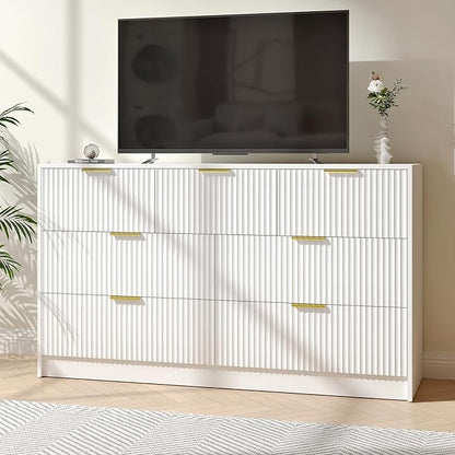 White 7 Drawer Dresser for Bedroom, 55” Wide Fluted Dresser with Gold Handles, Modern Chest of Drawer for Bedroom, Closet, Living Room, Entryway, Hallway, White