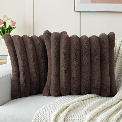 FUTEI Dark Coffee Decorative Throw Pillow Covers 22x22 Inch Set of 2, Square Soft Faux Rabbit Fur Big Striped Cushion Cover,Home Decor for Couch Sofa Bed Living Room
