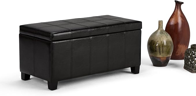 SIMPLIHOME Dover 36 inch Wide Contemporary Rectangle Storage Ottoman Bench in Midnight Black Vegan Faux Leather, Assembled, for the Living Room, Entryway and Family Room