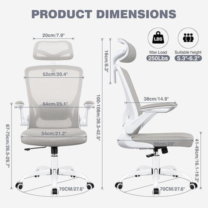 High Back Ergonomic Office Chair, Home Office Mesh Desk Chairs with Lumbar Support, Flip-up Armrests, Swivel Computer Chair for Gaming, Light Gray