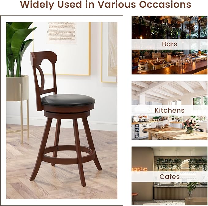 COSTWAY Bar Stools Set of 2, 24 Inch Swivel Counter Height Chairs with Ergonomic Back & Footrest, Vintage Wooden Barstool Set for Kitchen Island, Pub, Bistro, Café, Espresso (2, 24 Inch)