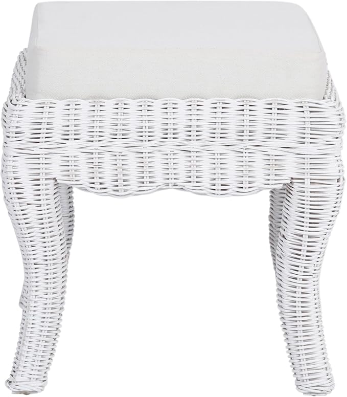 JONATHAN Y VSL1000D Rowan 19.7" Bohemian Designer Woven Rattan/Wood Ottoman Vanity Stool, White Cushion Seat with White Distressed Binded Base, for Living Room, Bedroom, Entryway, Foyer