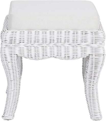 JONATHAN Y VSL1000D Rowan 19.7" Bohemian Designer Woven Rattan/Wood Ottoman Vanity Stool, White Cushion Seat with White Distressed Binded Base, for Living Room, Bedroom, Entryway, Foyer