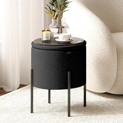 STORAGEBUD Round Ottoman with Storage, Boucle Storage Foot Stool, Makeup Vanity Stool, Small Ottoman Foot Rest, Modern Ottomans for Living Room and Bedroom, Black