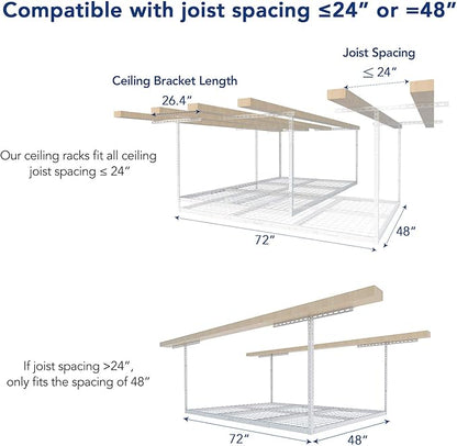 FLEXIMOUNTS 4x6 Overhead Garage Storage Adjustable Ceiling Rack 72" Length x 48" Width x 40" Height, 450lbs Weight Capacity, White, Classic Series