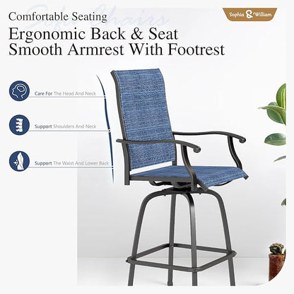 Sophia & William Patio Swivel Bar Stools Set of 2, Bar Height Patio Chairs, High Top Patio Chairs, Supports 300 lbs (Blue Fabric)