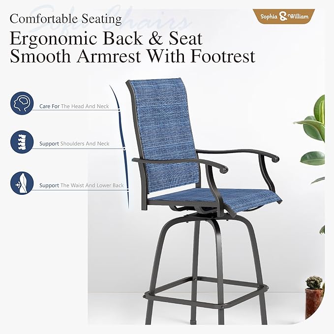 Sophia & William Patio Swivel Bar Stools Set of 6, Bar Height Patio Chairs, High Top Patio Chairs, Supports 300 lbs (Blue Fabric)