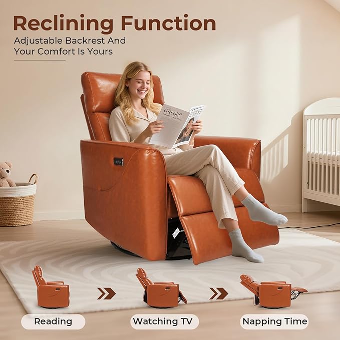 Homdox Power Recliner Chair Swivel Glider with Massage and Heat, Living Room Nursery Reclining Chair with USB, Faux Leather, for Small Spaces, Orange-Brown