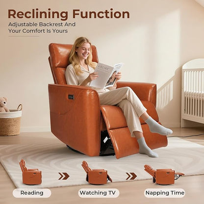 Homdox Power Recliner Chair Swivel Glider with Massage and Heat, Living Room Nursery Reclining Chair with USB, Faux Leather, for Small Spaces, Orange-Brown