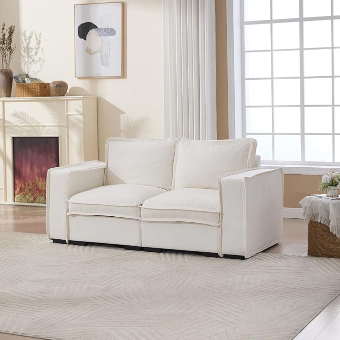 Modern Sectional Sofa for Living Room, Upholstered 2-Seater Modular Couches Linen Fabric Love Seat for Home Furniture, White