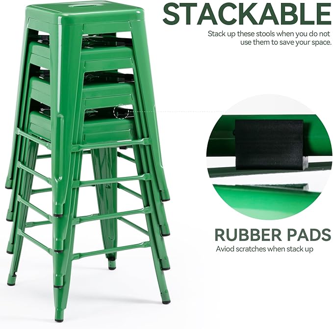 Vogue Furniture Direct 24 Inch Metal Bar Stools, Backless Counter Height Barstools, Indoor Outdoor Stackable Stools with Square Seat, Set of 4 (Green)