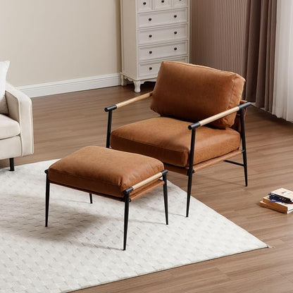 LukeAlon Mid-Century PU Leather Accent Chair with Ottoman, Soft Living Room Chair with Metal Legs Wood Arms Modern Upholstered Lounge Chair Leisure Chair with Footstool for Bedroom Reading Room, Brown