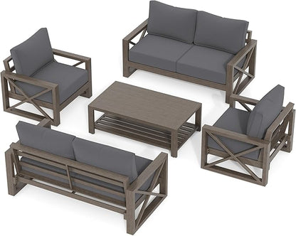 UDPATIO 5 Piece Faux Wood Aluminum Patio Furniture Set 6 Seats Modern Outdoor Furniture Patio Conversation Sets with Coffee Table for Balcony, Backyard, 600D Waterproof Cover Included, Dark Grey