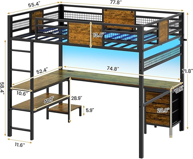 ADORNEVE Loft Bed Full Size with L-Shaped Desk, 3 Storage Drawers, Power Outlet, 3 Storage Shelves, Metal Loft Bed Frame with RGB Lights, Bed with Safety Guardrail & Ladders,Space-Saving,Rustic Brown