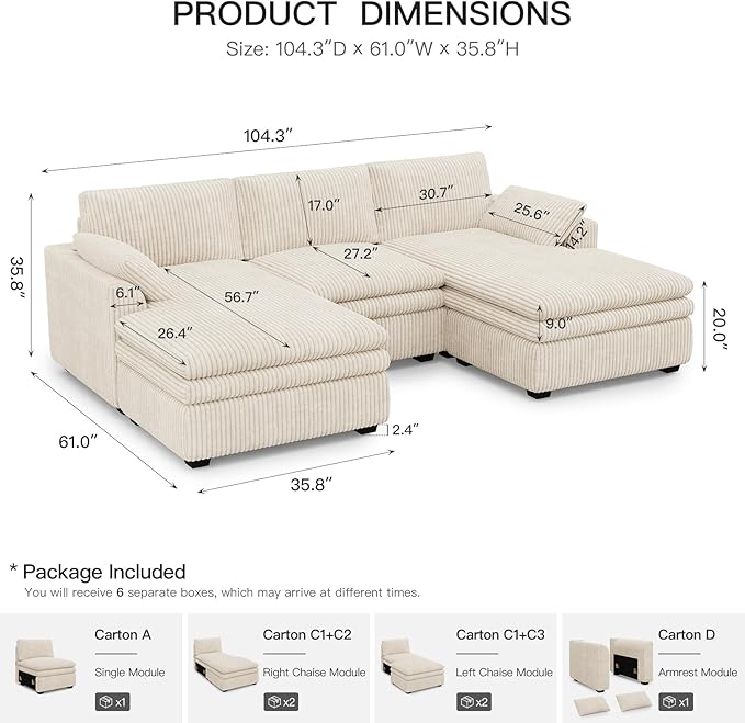 Belffin Large Modular Sectional Sofa with Double Deep Chaise, 104" Corduroy U Shaped Couch with 9" Soft Dual-Layer Seats Cushion Sectional Couches for Living Room, Apartment, Beige