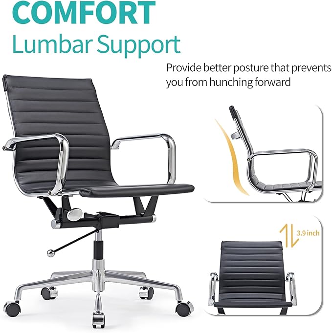 Deluxe Black Office Chair, Mid Back Computer Chair, Vegan Leather Desk Chair, Ergonomic Office Chair for Extra Back & Lumbar Support -Black