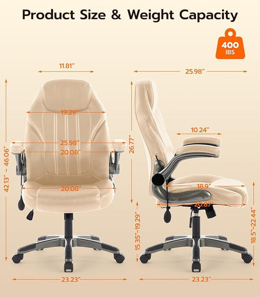 Office Desk Chair, Ergonomic Computer Chair with Padded Flip-Up Arms and Adjustable Lumbar Support, PU Leather Executive Chair with Tilt Lock and 360° Swivel Rolling Wheels for Work, Study