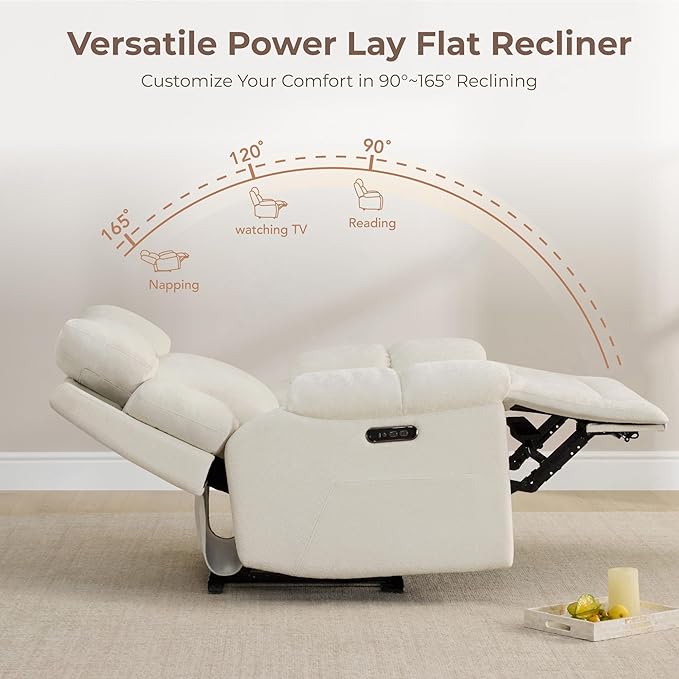 CHITA Oversized Power Recliner Chair with Bluetooth Speakers for Adults, Lay Flat Recliner with Power Lumbar Support, Manual Winged Headrest and USB & Type-C Charging Ports, Cream