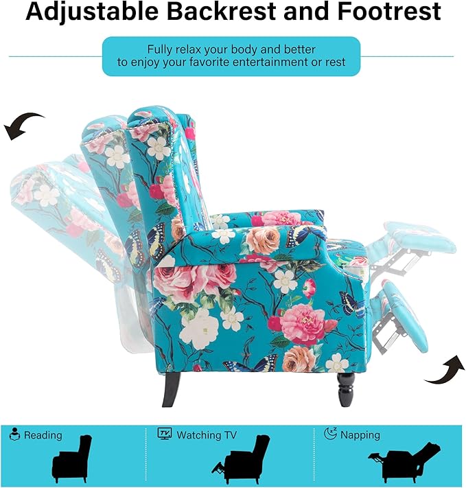 Recliner Chair, Upholstered Wingback Floral Pushback Armchair with Adjustable Backrest & Footrest, Comfy Accent Chair Reading Single Sofa for Small Spaces, Living Room, Bedroom (Peacock, Set of 1)