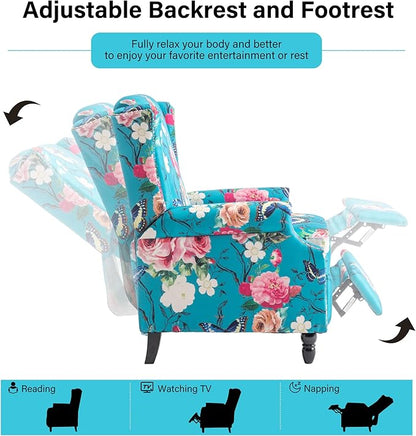 Recliner Chair, Upholstered Wingback Floral Pushback Armchair with Adjustable Backrest & Footrest, Comfy Accent Chair Reading Single Sofa for Small Spaces, Living Room, Bedroom (Peacock, Set of 1)
