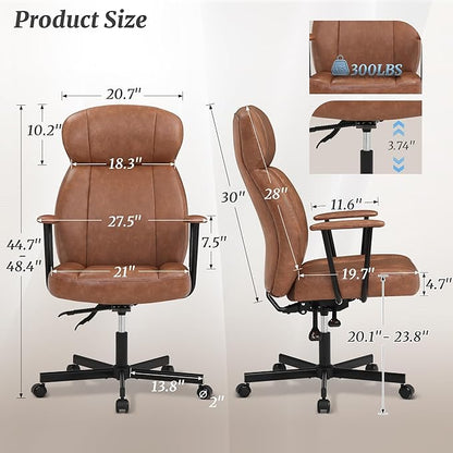 High Back Office Desk Chair, Breathable Ergonomic Leather Chair with 5-Layer Seat Cushion with 135°Reclining Lumbar Support Adjustable Height Rolling Swivel Executive Armrests Chair, Brown