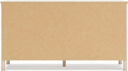 Signature Design by Ashley Cadmori Casual Bohemian Dresser with Post Legs and 6 Drawers, Replicated Marble Top, Wood, 35" High, White and Light Brown Finish
