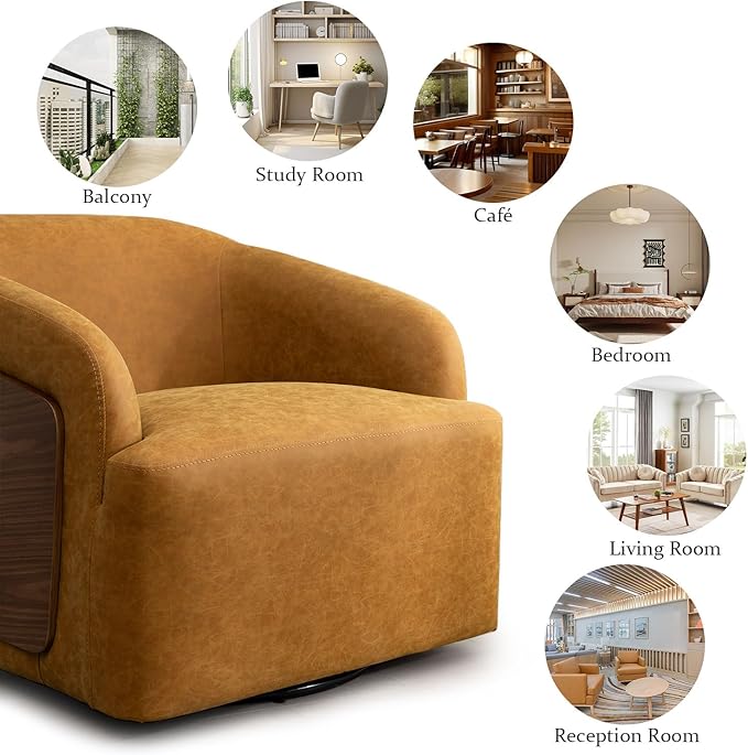 Swivel Accent Chair Faux Leather Swivel Barrel Chair Comfortable Mid Century Modern Chair Upholstered Metal Base Armchair for Living Room Bedroom Office Large Vintage Yellow