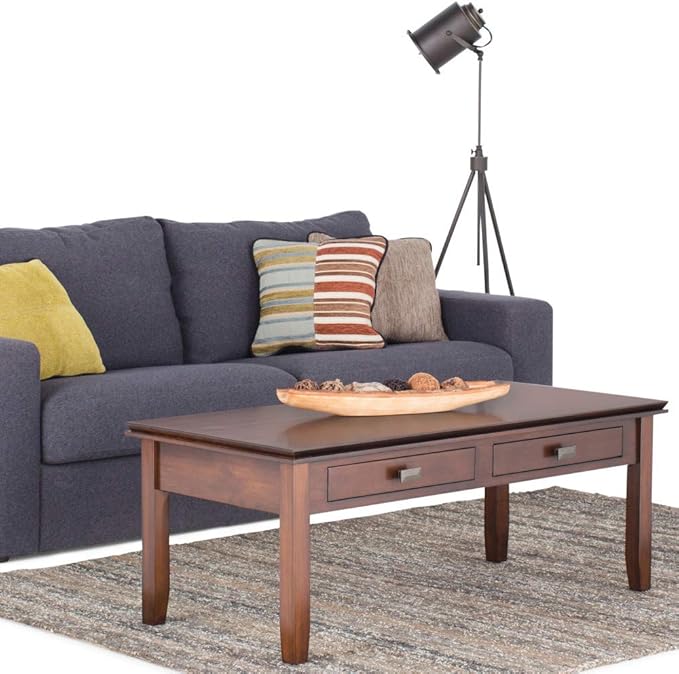 SIMPLIHOME Artisan Coffee Table - 46 inch Wide Solid Wood Transitional Cocktail Table in Russet Brown, Classic Living Room Table with 2 Drawers, Open Shelf, and Square Brushed Nickel Knobs