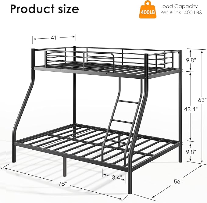 SDHYL Twin Over Full Bunk Bed with Two Mattresses, All-in-One Metal Bunk Bed Set for Kids/Adults, Heavy Duty Sturdy Frame, 6 Inch Twin & Full Memory Foam Mattress Included, Space-Saving, Easy Assembly