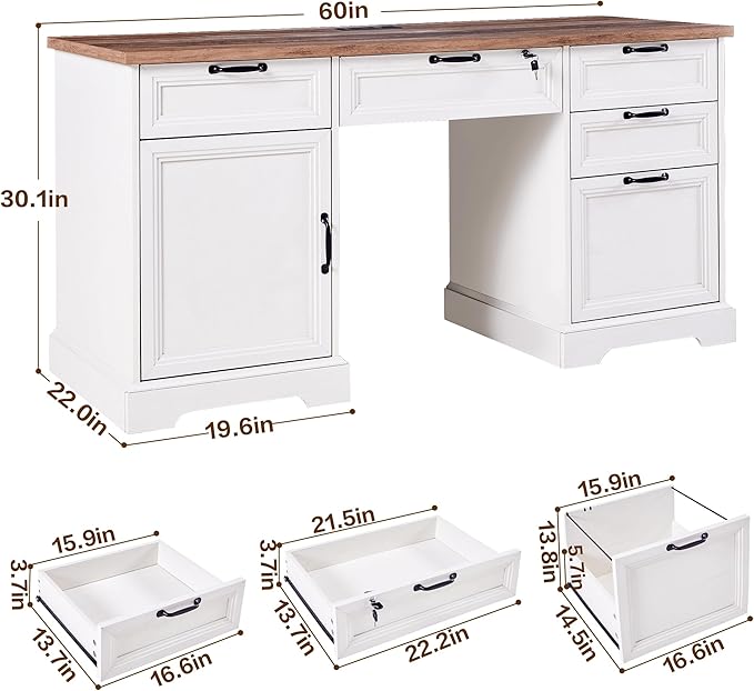 60" Farmhouse Executive Desk with Charging Station,Home Office Desk with 4 Drawers & 1 Cabinet&1 File Cabinet,Main Drawer with Lock,Wood Desk for Office and Home