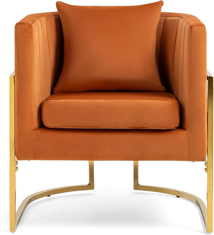 Velvet Modern Accent Chairs Set of 2, Upholstered Barrel Armchair Mid Century with Pillow for Living Room, Comfy Single Vanity Chair with Metal Gold Legs for Bedroom, Orange