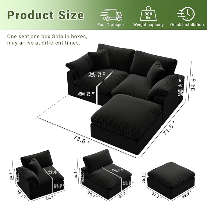 Cloud Modular Sectional Sofa,2 Seat Down Filled Sofa 78.6" Minimalist Sofa,Cover Washable and Replaceable Couches for Living Room,Sectional Sofa Deep Seat Black